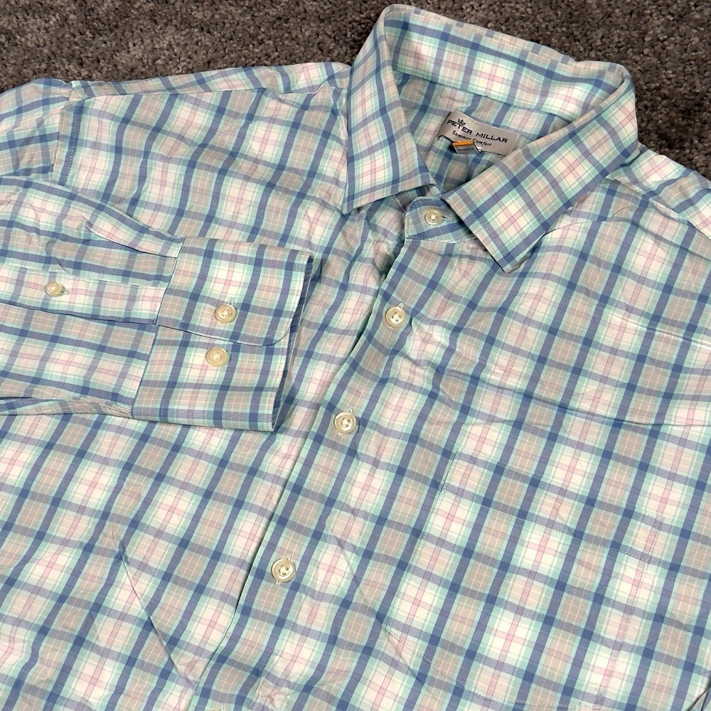 PETER MILLAR BUTTON SHIRT Men's -XL- WHITE BLUE Plaid POLY -SUMMER COMFORT GOLF